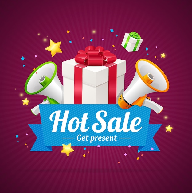Winter hot sale announcement card with present boxes and megaphone or loudspeaker . vector illustration
