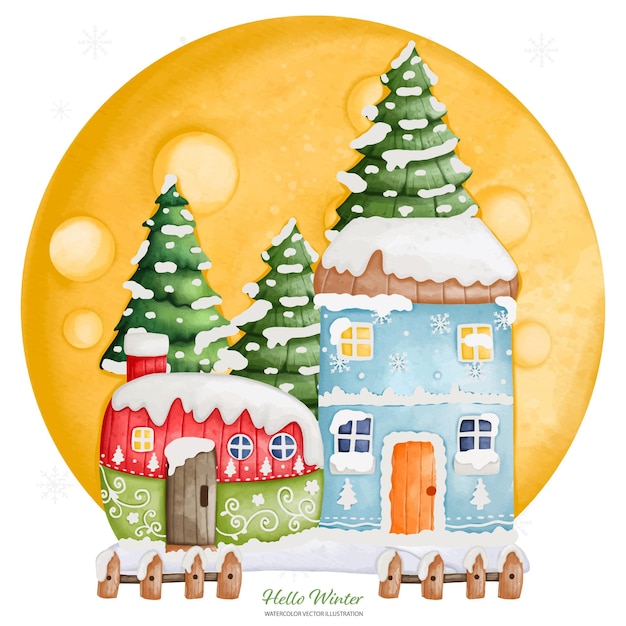 Winter house and Full Moon Composition Watercolor illustrationxDxA