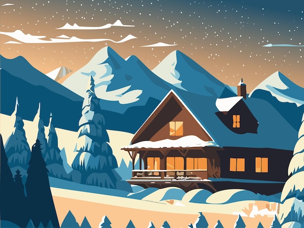 Vettore scena rurale del paesaggio della casa invernale con abeti rossi delle montagne innevate e casa di legno