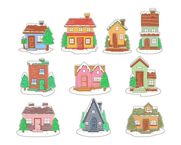 Вектор Набор векторных иллюстраций зимнего дома