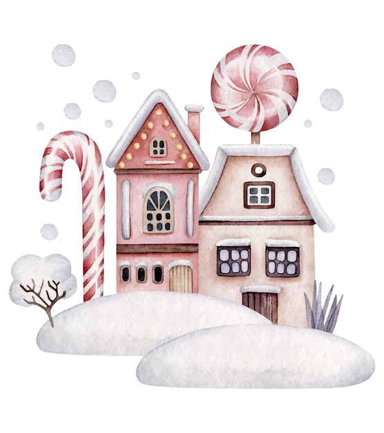 Winter houses.christmas samenstelling met huizen, snoepjes, sneeuw