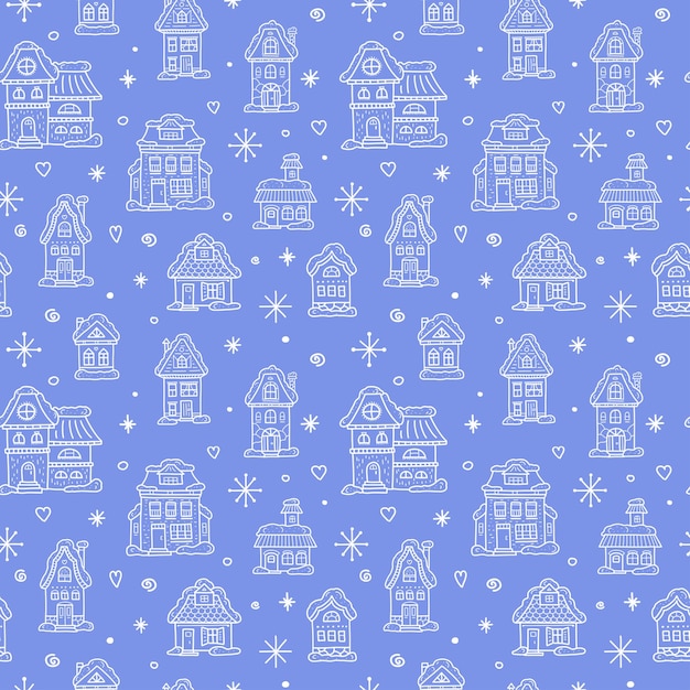 Winter houses for Christmas Seamless pattern Doodle elements on a blue background