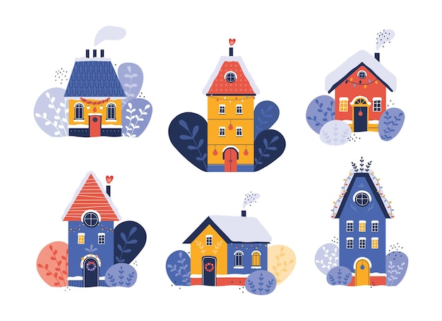 Vector winter houses decorated for holiday christmas house on of winter landscape happy new year