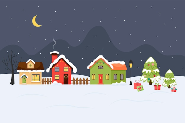 Vector winter houses decorated with garlands. a winter landscape village. the moon is in the sky