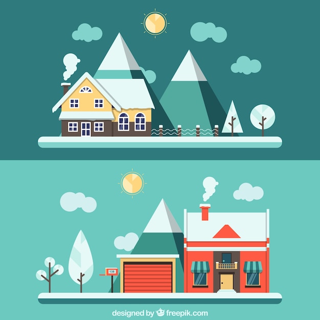 winter houses in flat design