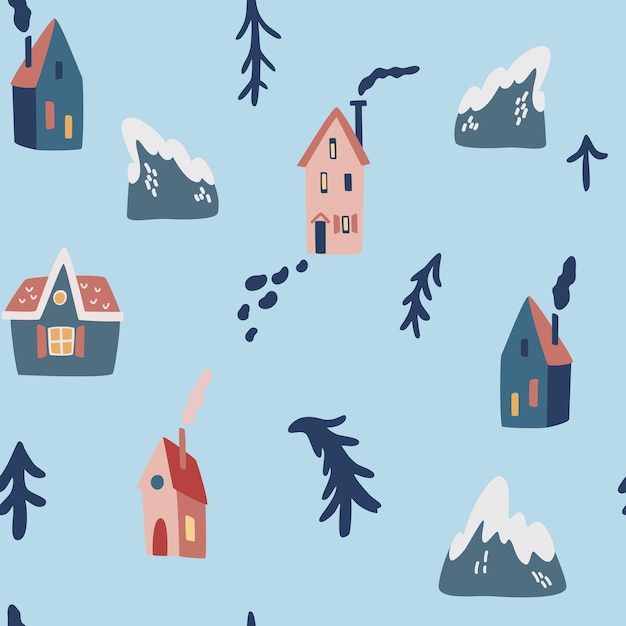 Winter houses seamless pattern. Christmas trees mountains and houses. Winter landscape in Scandinavian style. Holiday decoration background for wallpaper, clothing, packaging invitations, posters.