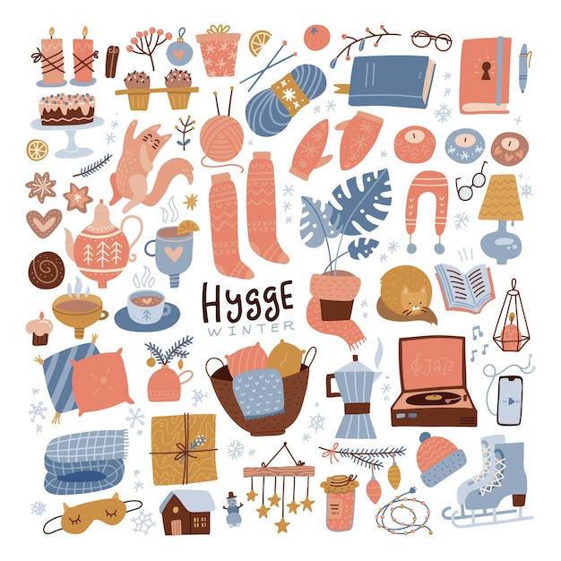 Winter hygge clipart set gezellige winter platte hand getekende illustratie voor srickers logo kaarten posters wr...