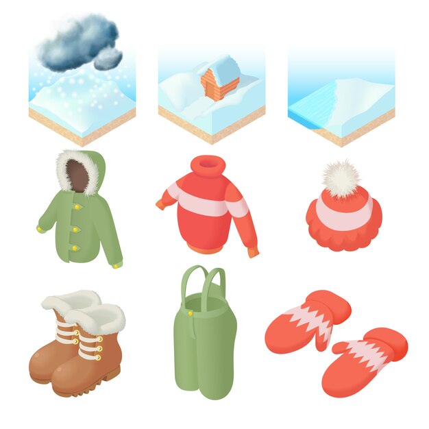 Winter icons set in cartoon style