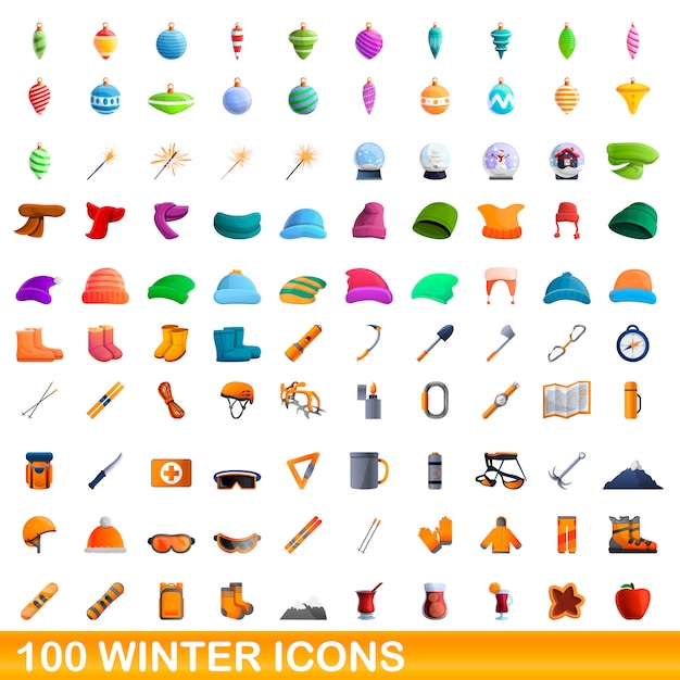  winter icons set, cartoon style