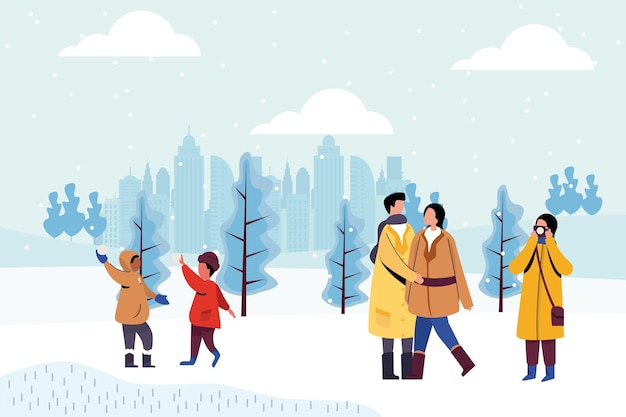 Winter illustratie vakantie mensen plezier in sneeuw wandelen in het park