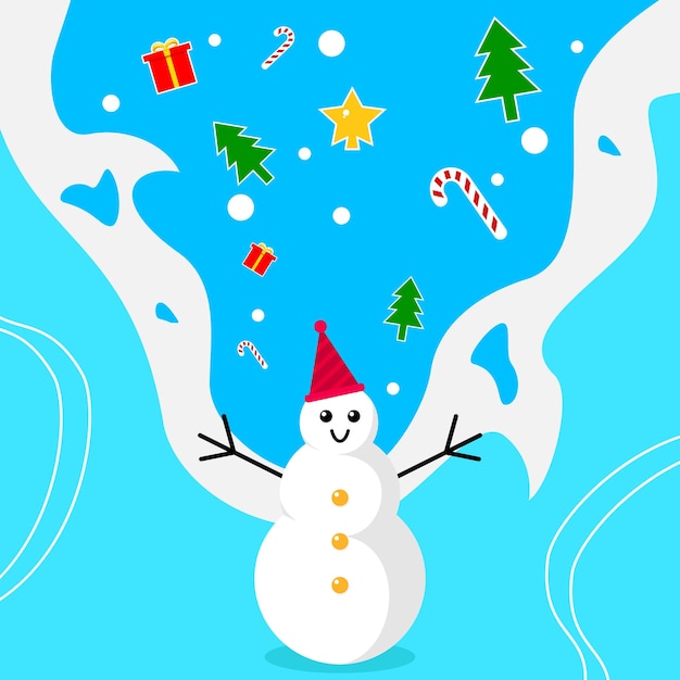 벡터 겨울 그림입니다. 눈사람, 별, 나무, 기프트박스, 사탕수수, 눈송이가 있는 파란색 배경