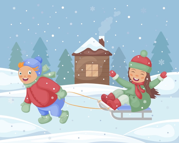 winter illustration christmas illustration with the image of children riding a sleigh a boy rides a