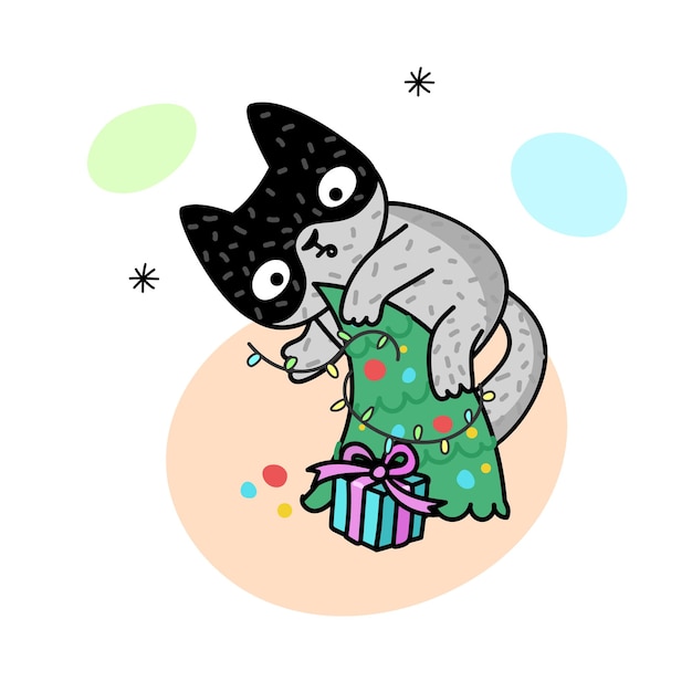 クリスマスツリーに猫と冬のイラスト。かわいい子猫。はがき、ポスター