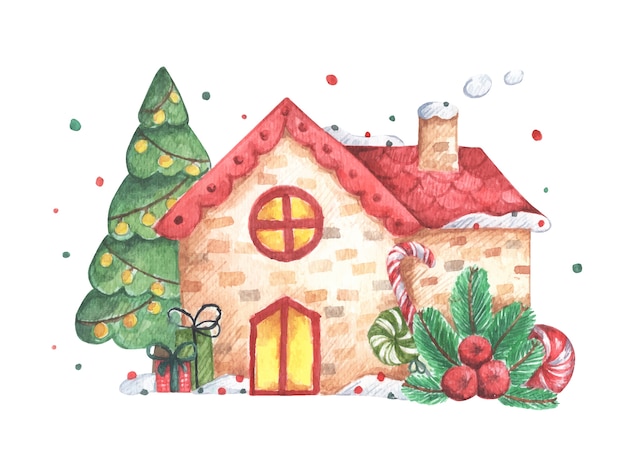 Illustrazione di inverno con case su sfondo bianco. cartolina di natale dell'acquerello per inviti, auguri, vacanze e decorazioni.