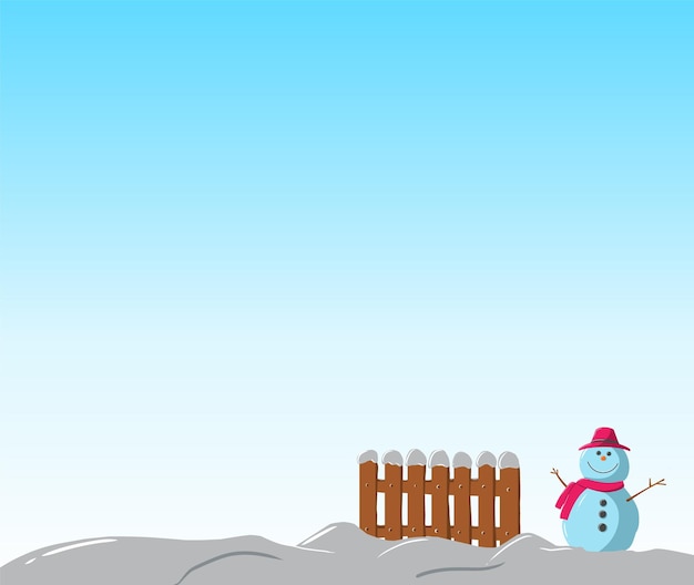 Winter Illustration with Snowman and Fence on a Snowy Day