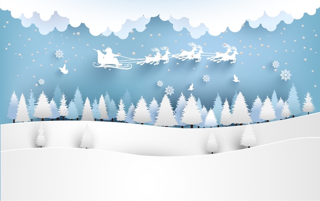 winter illustrations. Santa Claus flies with his rust through pine forest and snowy hills. paper art design