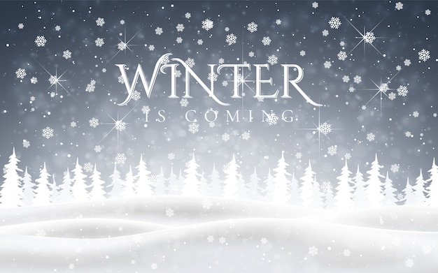 Vector winter is coming. christmas, snowy night woodland landscape with falling snow, firs, snowflakes for winter and new year holidays. xmas winter background.