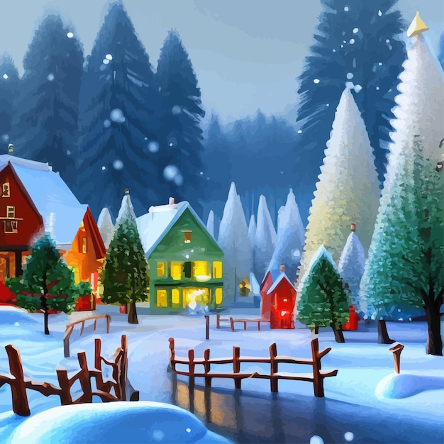 Вектор Приближается зима, снежная ночь с домами хвойного леса в снежных световых гирляндах, падающий снег