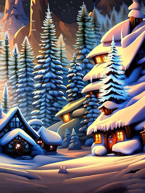 Winter is coming snowy night with coniferous forest houses in snow light garlands falling snow