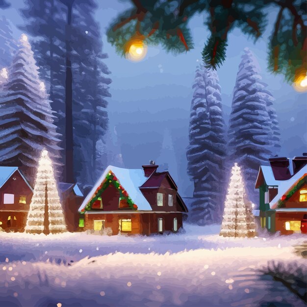 Vector winter is coming snowy night with coniferous forest houses in snow light garlands falling snow