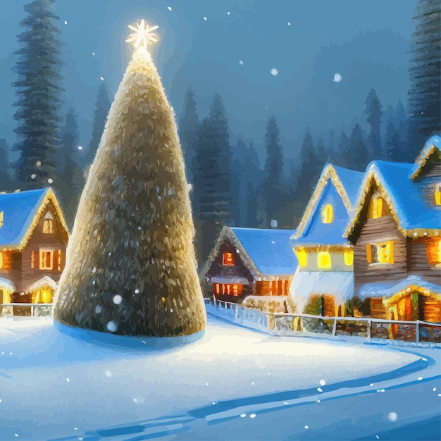 Winter is coming snowy night with coniferous forest houses in snow light garlands falling snow