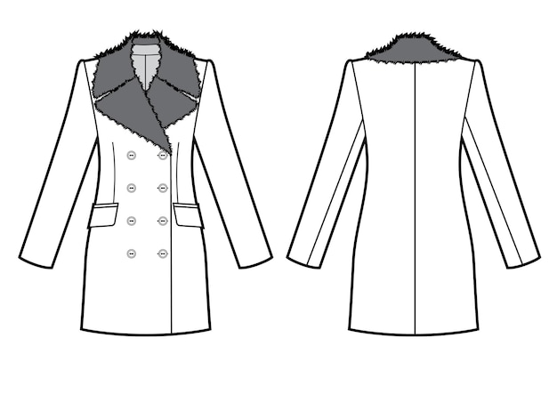 모피 칼라 스케치가 있는 겨울 재킷. 벡터 흑백 그림