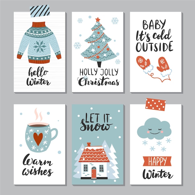 Vector winter kaart set hand getrokken schattige posters vector ontwerpsjabloon