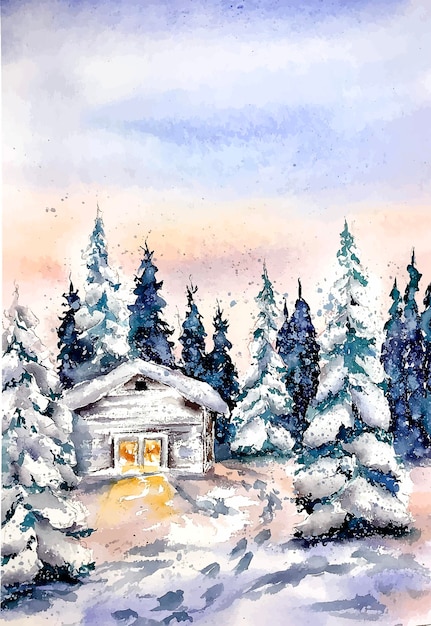 Vector winter kerst besneeuwde landschap bos huis sparren zonsondergang aquarel illustratie