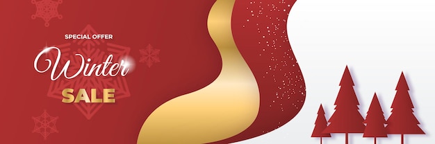 Winter kerst verkoop banner met sneeuwvlok, palmboom en wolken op rode achtergrond. vector illustratie