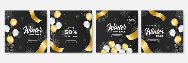 Winter kerst verkoop post vierkante sociale media sjabloon. winter sale banner met bomen, lint, sneeuwvlokken en tekst. ontwerp van flyers met kortingsaanbiedingen en speciale seizoensgebonden retailpromotie.