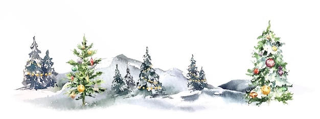 Vector winter kerstboom kaart besneeuwd bos landschap aquarel illustratie