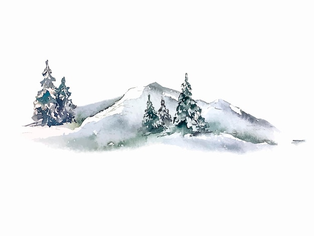 Winter kerstkaart besneeuwde boslandschap aquarel illustratie