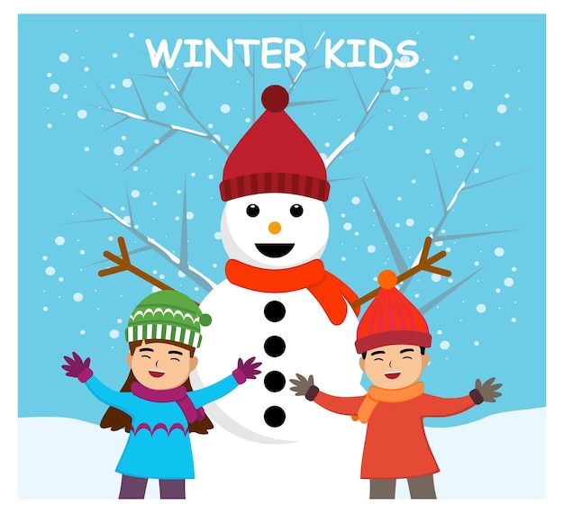 Winter kids, happy children in flat design