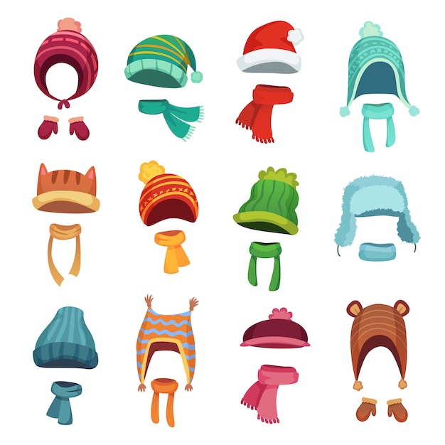 Vector winter kids hats. warm childrens headwear and scarves. cartoon set