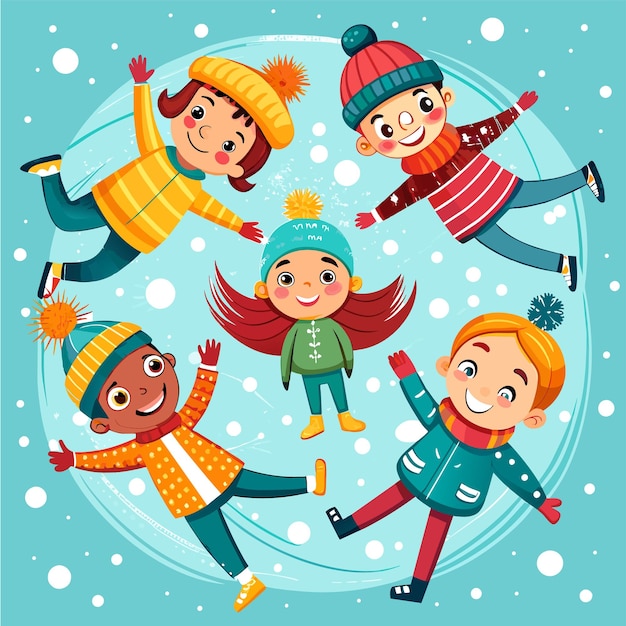Вектор Зимние дети играют в игры, одежда, санки, рождественские ручные рисунки, плоские, стильные.