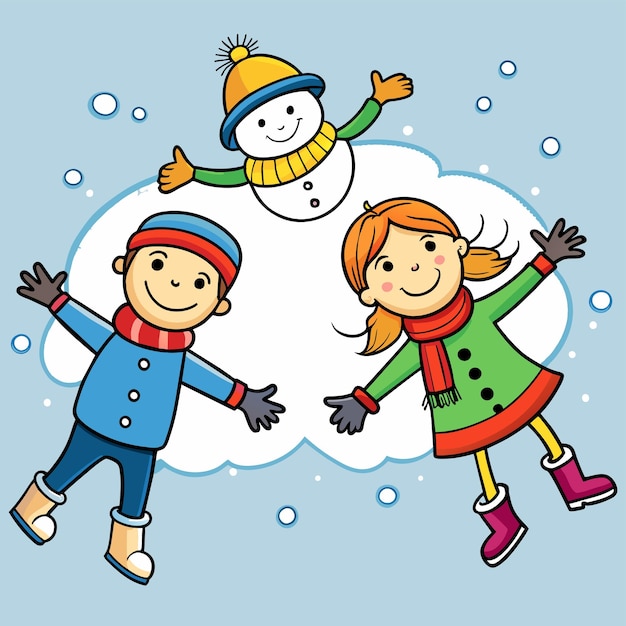 Вектор Зимние дети играют в игры, одежда, санки, рождественские ручные рисунки, плоские, стильные.