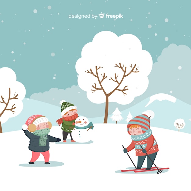 Vector winter kids playing background