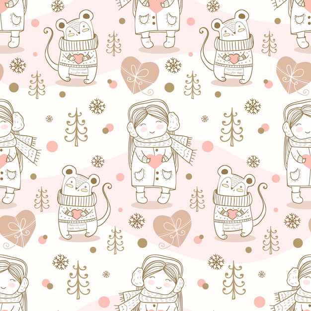 Winter kids seamless pattern. hand drawn mouse and girl