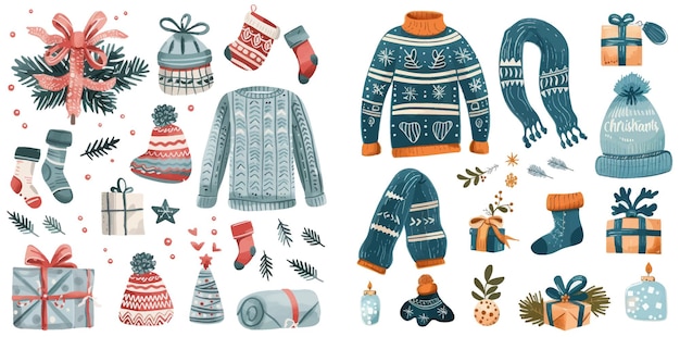 Vector winter knit clothes and holiday decor firtree gifts