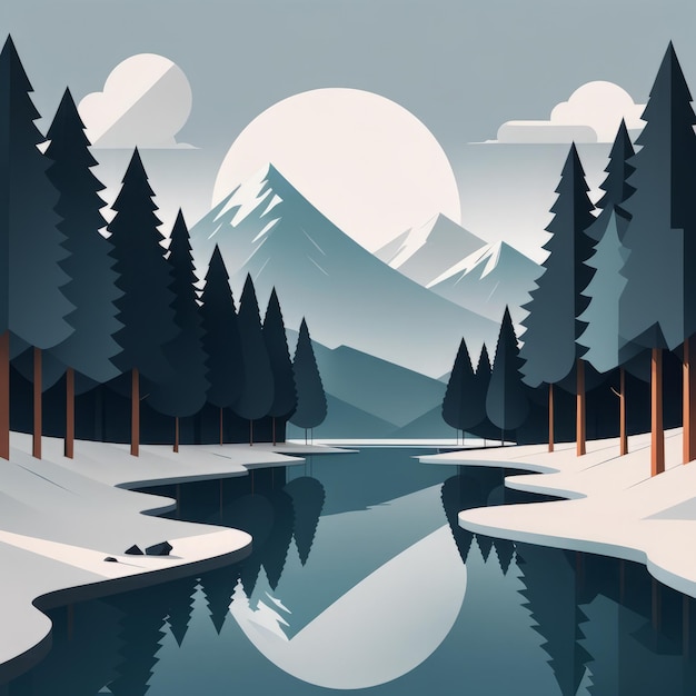 Зимнее озеро с сосновыми деревьями и лесом