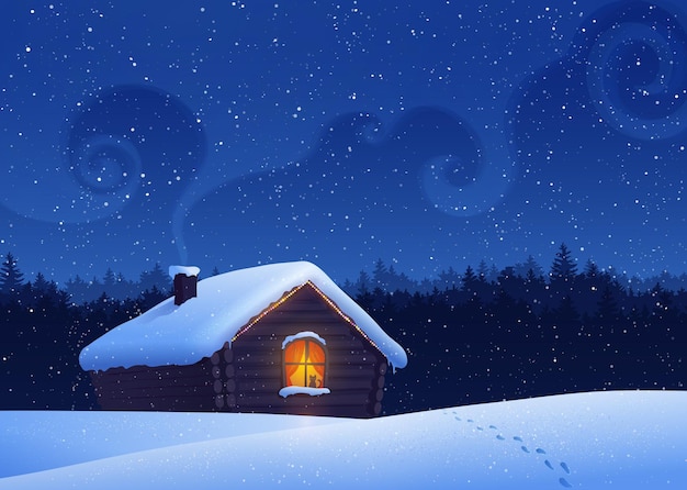Winter landscape background with house