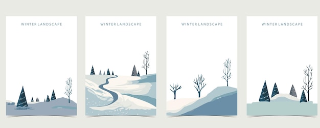 산의 나무와 함께 겨울 풍경 배경 포스트카드4 수직 크기의 편집 가능한  ⁇ 터 일러스트레이션