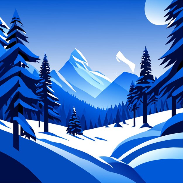 Winter landscape blue background with snowdrifts snowfall and trees covered with hoarfrost and snow