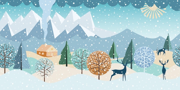 Winter landscape cartoon nature a rustic house among the trees and deer illustration