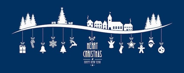 Вектор Зимний пейзаж рождественский орнамент висит на синем фоне