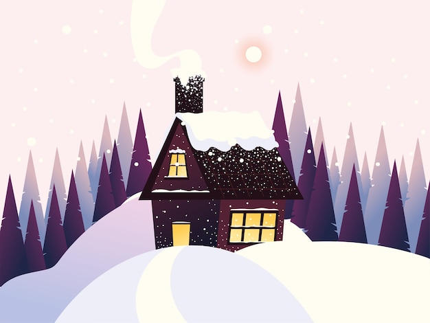 Winter landscape cottage chimney snow pine trees illustration