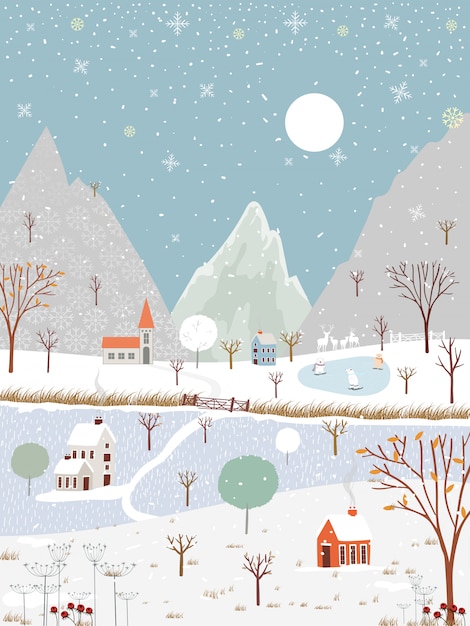 Vector winter landscape at countryside