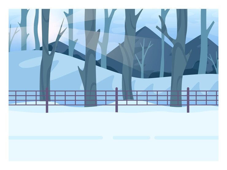 Vector winter landscape. empty road with snowy hills and forest scenery.