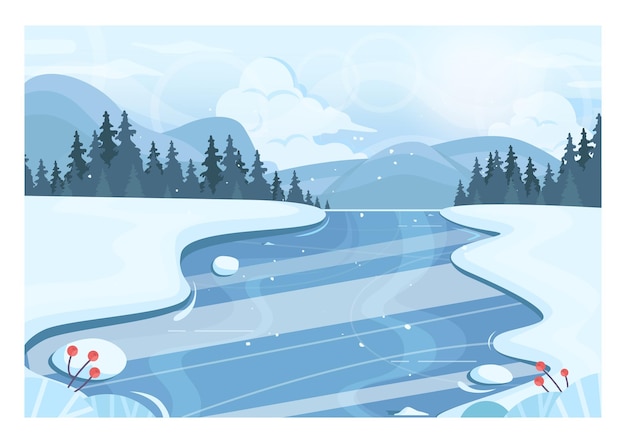 Winter landscape. Frozen river, mountain and forest scenery. Beautiful wild nature in snow, december freezing weather. Flat vector illustration