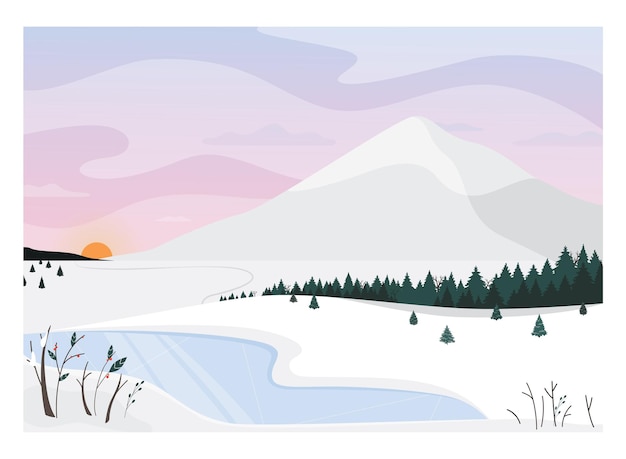 Vector winter landscape. frozen river, mountain and forest scenery in the morning. wild nature, december weather. christmas card. flat vector illustration